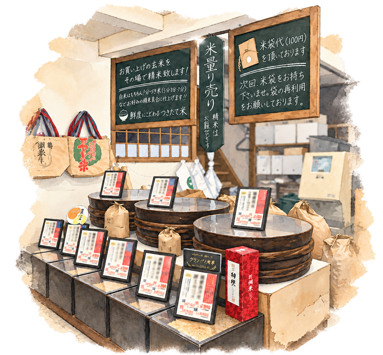 京都西陣の大米米穀店 店内の水彩イラスト