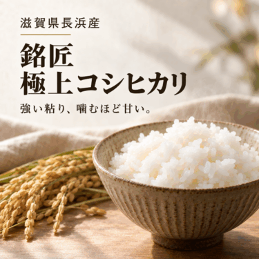 滋賀県長浜産 銘匠 極上コシヒカリ。強い粘り、噛むほど甘い。炊きたてのごはんと稲穂。