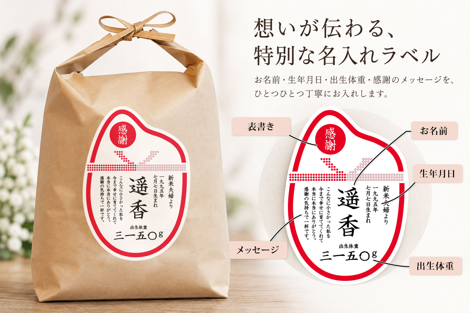 名前と生年月日と出生体重を印字した体重米のラベル